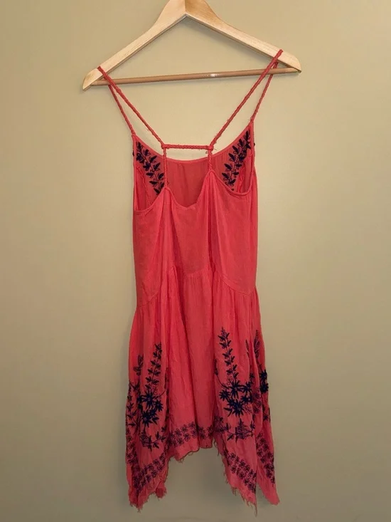 Free People Meadows Of Medallion Slip Swing Dress S coral Embroidery Boho Beach - Picture 4 of 12